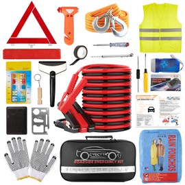 CYECTTR Car Roadside Emergency Kit,Auto Vehicle Truck Safety Emergency Road Side Assistance Kits with Jumper Cables,Safety Hammer,Reflective Warning Triangle,Tire Pressure Gauge,Tow Rope,etc