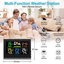 Urageuxy Weather Station Wireless Indoor Outdoor Thermometer, Digital Weather Thermometer Humidity with 3 Remote Sensors, Weather Forecast, Time, Adjustable Backlight