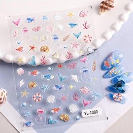 4 Pcs Summer Ocean Nail Stickers for Nail Art, 5D Embossing Self-Adhesive with Shell Fish Jellyfish Nail Decals, Nail Supplies Nail Art Design Accessories for Women and Girls Manicure DIY Decoration