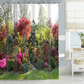 Abaysto Shower Curtain 3D Garden View Flowers Trees Outdoor Nature Scenery Waterproof Cloth Fabric Bathroom Decor Set with Hooks 72x72 Inch