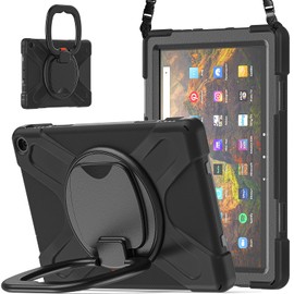 360 ° Rotation Portable Case for Fire HD 10 2023 10.1 inch Tablet, Rugged Case Rotating Stand Hand Strap Shoulder Carrying Strap Outdoor Cover,Black
