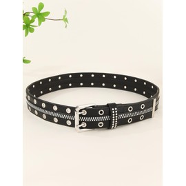 RoseSeek Women's Vintage Zip Rivet Studded Belts PU Leather Western Punk Waist Belts for Jeans Black suit waist size: 44.5"