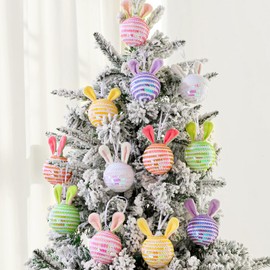 Bunny Chorus Easter Tree Decorations: 12pcs Sequin Easter Ornaments with Plush Bunny Ears, Pink Yellow Purple Easter Ball Ornaments Decor, Cute Easter Decorations for Kids Home Office Party Gifts