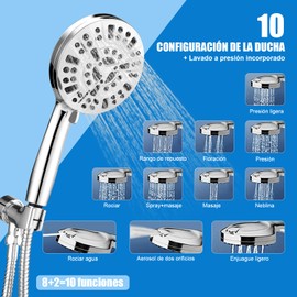 Regaderas para Baño, TXG Regadera de Telefono para Baño con Función de Filtro, Regadera de Mano de Alta Presión de 8 + 2 Modos, Regadera con Manguera de Acero Inoxidable y Soporte Ajustable ect
