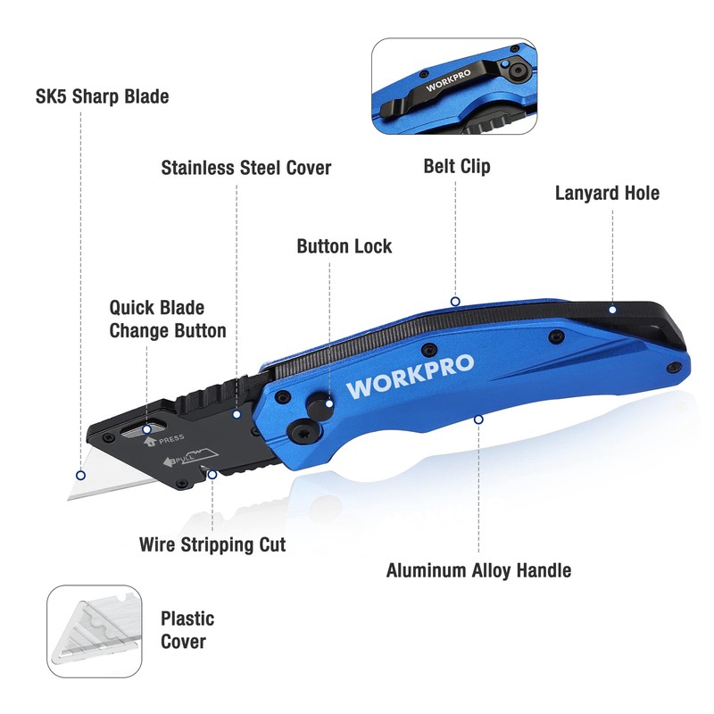 WORKPRO Folding Utility Knife, Heavy Duty Metal, Quick Open Botton