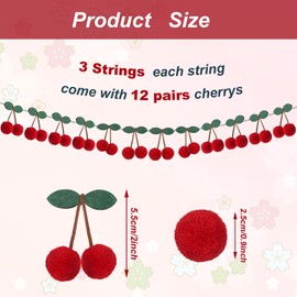 Jexine 3 Pieces Cherry Garland Decoration Cherries Birthday Decoration Christmas Pompom Felt Bunting Cherries 6.6 Ft Garland Colorful DIY Fruit Hanging for Baby Birthday Wedding (Red)