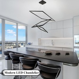 Mccokaige 3 Ring Black Modern Led Chandelier Dimmable Square Chandelier Modern Led Pendant Light Contemporary Light Fixtures Adjustable Ring Light for Kitchen Island Dining Living Room Entryway