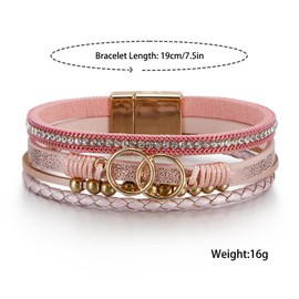LSxAB Pink Multi-Layer Leather Wrap Bracelet for Women Gold Tone Colorful Bohemian Braided Wristbands Bracelets