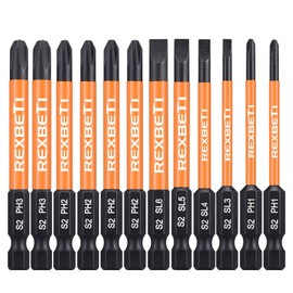 REXBETI 12 Piece Slotted Phillips Screwdriver Bit Set, 1/4 Inch Hex Shank S2 Steel Magnetic 3 Inch Long Drill Bits (Slotted Set)
