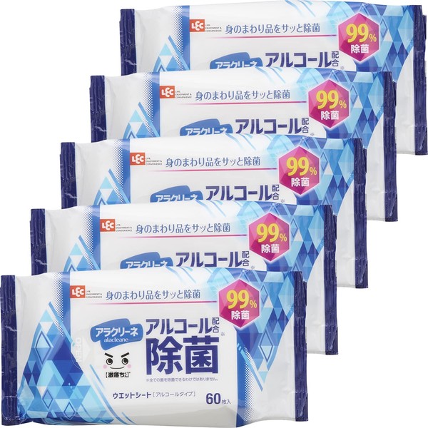 LEC AACREINE Disinfecting Wet Sheets, 99% Alcohol Formula, 60 Sheets x 5 Packs, Made in Japan, For Quickly Disinfecting Your Body