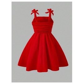 WDIRARA Girl's Bow Sleeveless A Line Mini Dress Ruched Ruffle Swing Cami Dresses Red 12Y