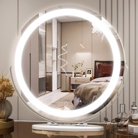 Vanity Mirror Makeup Mirror with Lights, Large Lighted Vanity Mirror, Light Up Mirror with Smart Touch 3 Colors Dimmable, Tabletop Mirror for Makeup Desk, 360° Rotation, 22" x 18", Black - style: White-Round