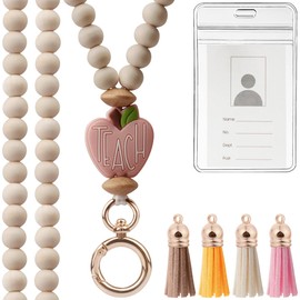 UGELOKI 2024 Teacher Lanyard with ID Holder, Fashion Wood Beaded Lanyard for Key, Super Cute Boho Breakaway Lanyard for Women