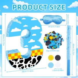 16 Inch Number 3 White Cloud Pinata with 16 Inch Piñata Stick Blindfold Confetti for Boy Girl Kids 3rd Birthday Party Decorations(3rd)