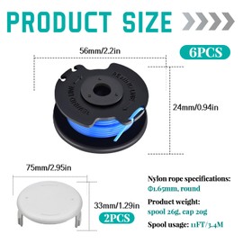 Viilich Pack of 6 Thread Spools for Ryobi, Replacement Spool Trimmer for Ryobi One+ RAC124 AC14RL3A OLT1823 OLT1832 18V 24V 40V Grass Trimmer Thread Cutter, 6Trimmer Spools 2 Cap (3.4 m, Diameter 1.65