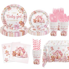 MEHOFOND 194 Pcs Pink Winter Gingerbread Baby Shower Party Decorations, A Sweet Baby Girl Baby Shower Paper Plates Napkin Cups Set Decor, Christmas Cookie Snowflake Disposable Tableware Set, Serve 24