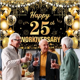 25 Year Work Anniversary Decorations Happy 25th Workiversary Banner Black Gold Happy 25th Work Anniversary Backdrop Employee Appreciation Banner Decorations 25 Year Workiversary Gifts for Employee