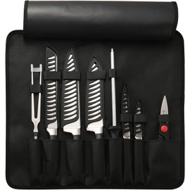 KATISUN Chef Knife Set with Bag, 9 Pieces German Stainless Steel Chef Knives with Portable Knife Roll Storage Bag, Blade Guards, Carving Fork, and Kitchen Shears for Outdoor Camping Travel