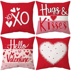 Hugs & Kisses Hello Valentine's Day Pillow Covers 18x18 Inch Set of 4, Red Heart XOXO Striped Decorative Farmhouse Wedding Cushion Cases for Home Decoration
