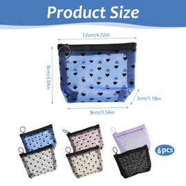 panthra 6 Piece Mini Makeup Bags, Portable Heart Print Mini Mesh Cosmetic Bag for Purse with Zipper, Large Capacity, for Office Travel Organization, 6 Colors (3.54×3.54×1.18in)