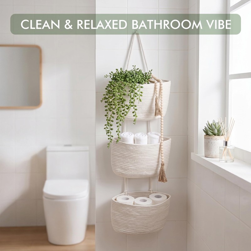 Wall Hanging Rope Baskets 3-Tier Boho Organizers (White & White,