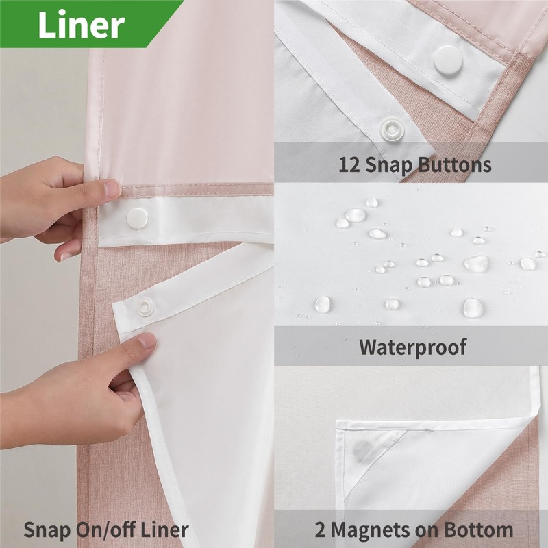 eachope No Hooks Needed Linen Textured Shower Curtain with Snap-in