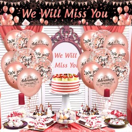 Rose Gold We Will Miss You Party Decorations - Banner and 18Pcs Good Luck Balloons for Farewell, Going Away, Retirement, Graduation, Goodbye Party