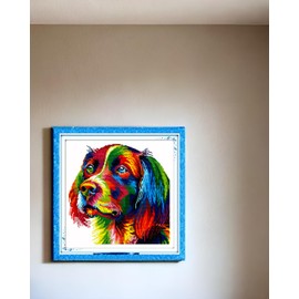 CaptainCrafts Cross Stitch Kits for Adults Dog Stamped Cross Stitch Preprinted Fabric Cross Stitch DMC DIY Art Embroidery Kits (Preprinted 11CT, Rainbow Dog)