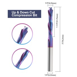 Spiral Router Bits Up Down Compression Bit with Nano Blue Coating, 1/4 inch Cutting Dia, 1-1/4" Cutting Length,1/4 inch Shank Solid Carbide CNC End Mill for Wood Carving Engraving Grinding Grooving