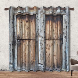 Renaiss Rustic Wood Door Curtains, Vintage Old Weathered Brown Wood Blackout Bedroom Window Curtains, Countryside Farmhouse Barn Door Curtains for Living Room, 84L x 42W Set of 2 Panels