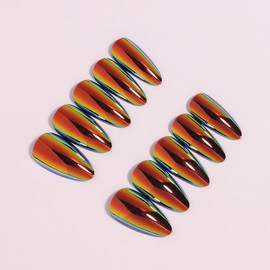 Chrome Fake Nails Almond Press on Nails Metal Mirror False Nails Press ons Glossy Gradient Acrylic Nails Medium Full Cover Holographic Glue Stick on Nail for Women Girls Manicure 24Pcs