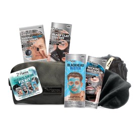 7th Heaven Men's Skin Fix Kit Gift Set with 3 Face Masks and 1 Set of Nose Pore Strips - Includes Black Wash Bag, Exfoliating Body Puff and Black Face Cloth