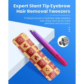 Expert Slant Tip Tweezers with Leather Case, GlamTweeler Sharp & Precision Stainless Steel Tweezer for Eyebrows, Facial Hair and Fine Hairs Removal (Sparkle Deep Violet & Lavender)