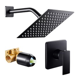 POPFLY Black Shower Faucet Set, High Pressure 8 Inchs Square Shower Rainfall Head, Bathroom Single Funtion Shower Mixing Valve Kit with Rough in Valve…