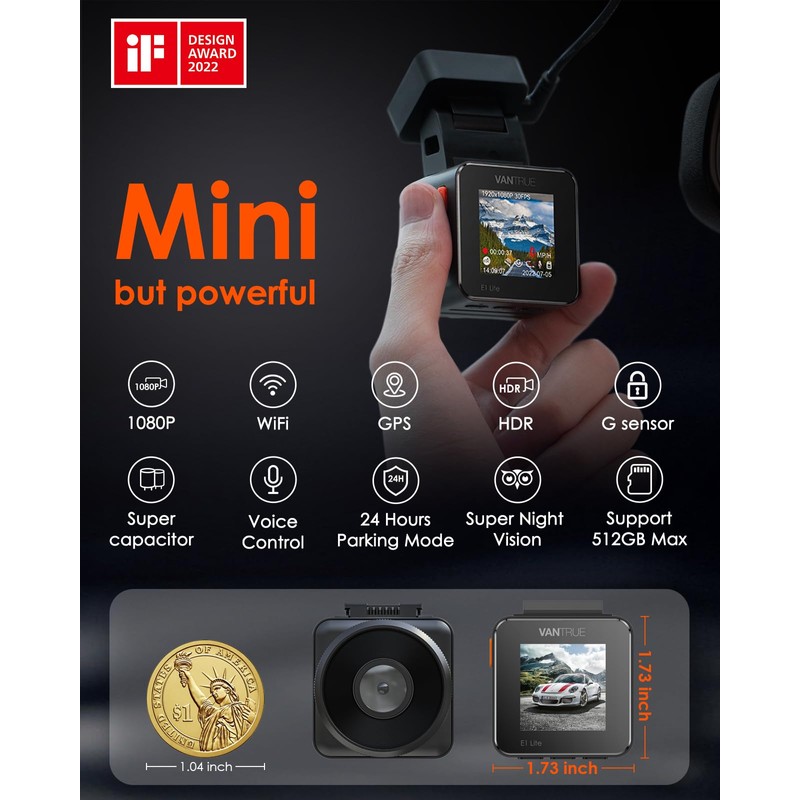 VANTRUE E1 Lite WiFi Mini Dash Cam with Voice Control,