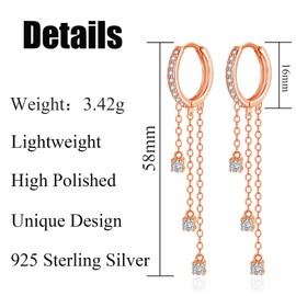 Kamise Silver hoop earrings, hanging, 925 sterling silver hanging earrings for women, hypoallergenic hoop earrings with 5A zirconia, long tassel chains, hoop earrings with gift box, Sterling Silver