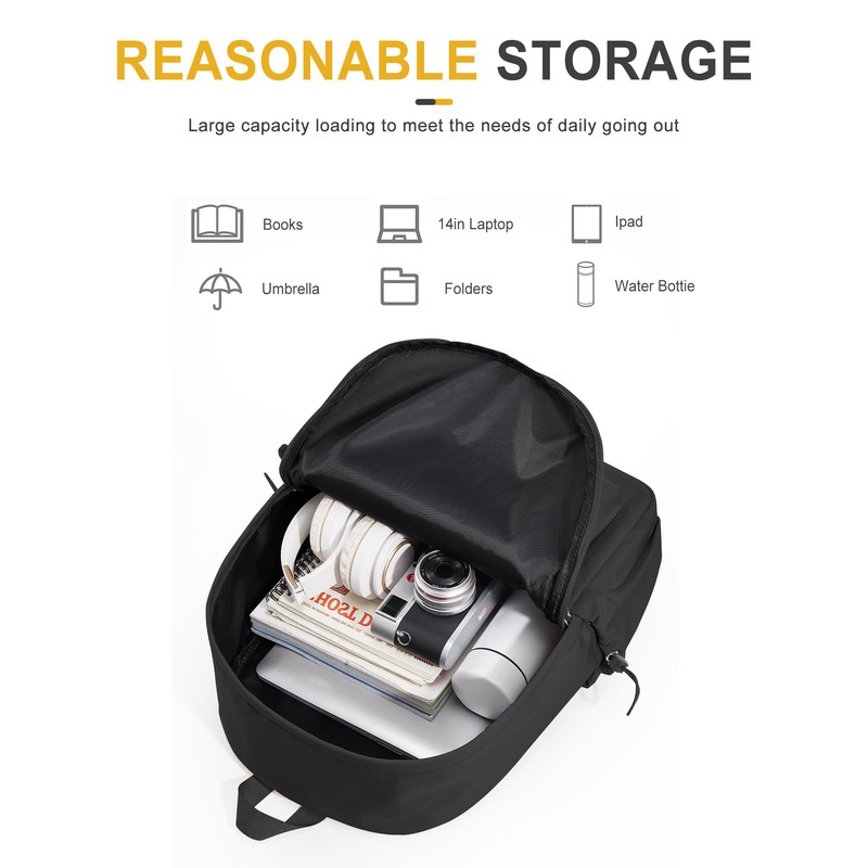 VECAVE School Backpack Black Waterproof Bookbag Casual Lightweight Travel Rucksack