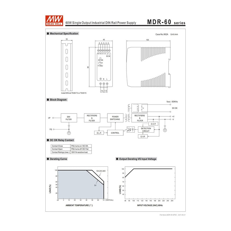 MW Mean Well Plastic Case MDR-60W-12/24/48/5V Ultra Slim Class I