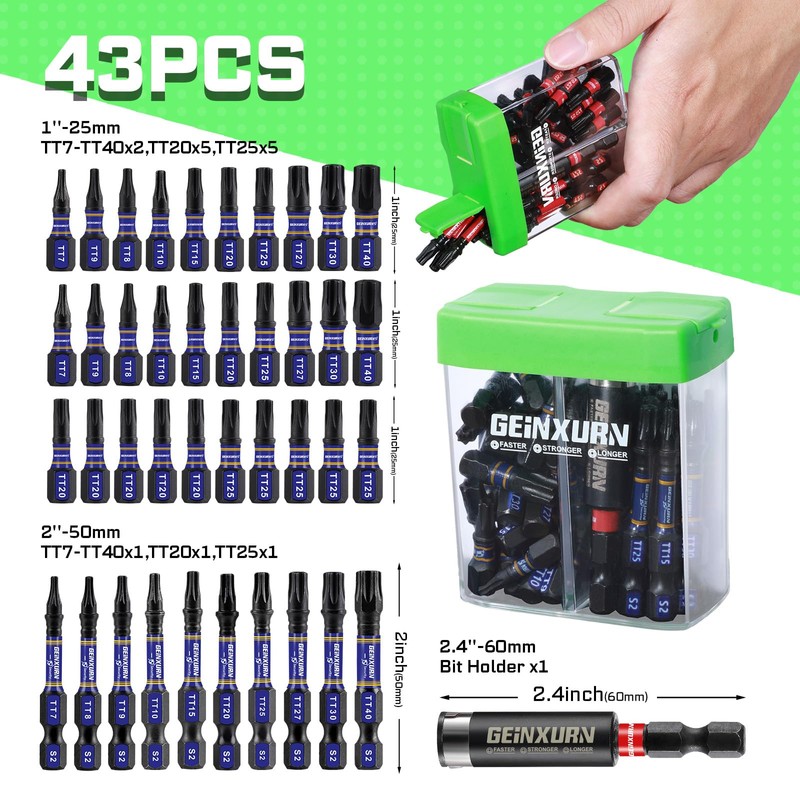 Geinxurn Impact Security Torx Screwdriver Bits Set,43 Pcs(TT7-TT40) Magnetic 1”&