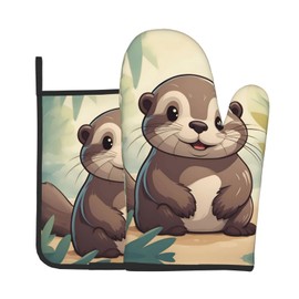 YYHWHJDE Cartoon cute otter Printed Quality Oven Mitts and Pot Holders Sets of 2 Kitchen Baking Used to open pot lids in the kitchen