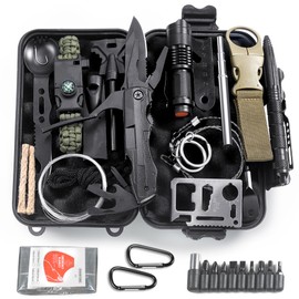 Quhaha 14-in-1 Multi-Purpose Emergency Survival Kit - Multitool Plier, Flint, Multi-Purpose Card, Emergency Blanket, Flashlight for Camping, Fishing, Hunting (Black with Bit Set)