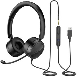 New Bee USB Headphones with Microphone with 3.5mm Jack Noise Cancelling Comfortable Lightweight Business Style for PC Laptop Android Phone (Black)