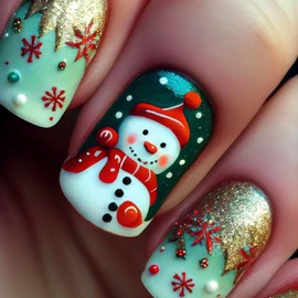 Christmas Press on Nails Short Square Fake Nails with Green Gradient Glitter Winter Snowflake Snowman Design Xmas False Nails Art Glossy Sparkly Full Cover Stick on Nails for Women Nail Art 24 Pcs