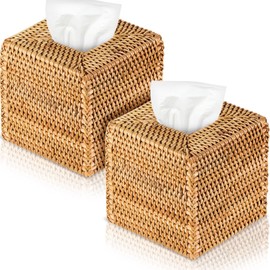 Kigley 2 Pcs 5.5'' x 5.5'' x 5.5'' Square Rattan Tissue Box Cover Boho Wicker Tissue Cube Box Cover Decorative Natural Wicker Hand Woven Napkin Box Holder Bathroom Office Car Accessories(Wood)
