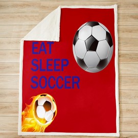Feelyou Soccer Sherpa Throw Blanket for Kids Boys Girls Football Sports Games Plush Blanket Throw 50"x60" Soccer Player Fleece Throw Blanket Bedroom Decor Red Soccer Ball Fuzzy Blanket Flannel Blanket