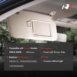 A-Premium Left Driver Side Sun Visor with Mirror - Compatible with Toyota 4Runner 2004 2005 2006 2007 2008, Without Light, with Sliding Sun Visor Extension, Beige