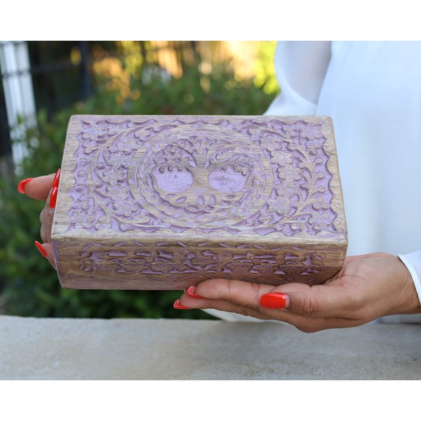 DharmaObjects Large Hand Carved Tree of Life Wooden Box Keepsake