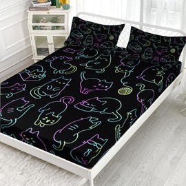 AILONEN Twin XL Size Cat Bed Sheet 3 Pieces Set, Cute Animals Bedding Set for Kids Boys Girls,Breathable Soft Gradient Line Cat Sheet Fitted Sheet and 2 Pillowcases