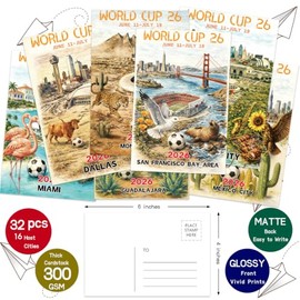World Cup 2026 - Juego de postales (32 piezas) - Ilustraciones de la ciudad - Postales de fútbol clásico resistentes al agua para decoraciones de copa
