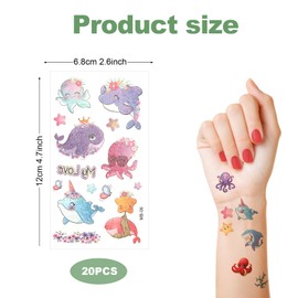 20 Sheets Ocean Temporary Tattoos, More than 210 Styles Cartoon Temporary Tattoos Glitter Temporary Tattoos Ocean Sea Animals Temporary Under the Sea Tattoos for Kids Beach Party Decorations